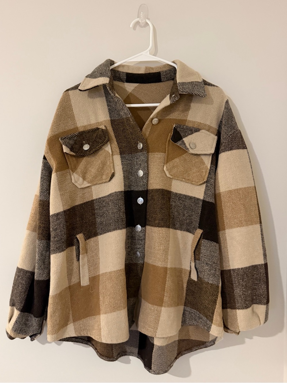 Brown Beige Plaid Oversized Shacket Women’s Large